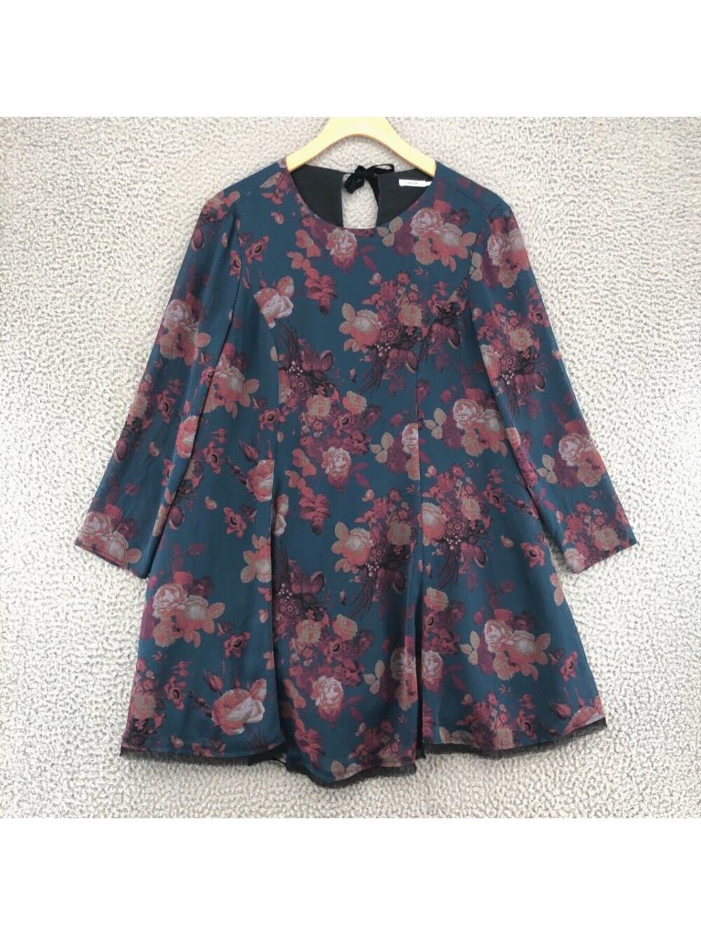 Kimchi Blue Dress Womens Small Blue Floral Pink Rose Mini Tie Back 3/4 Sleeves